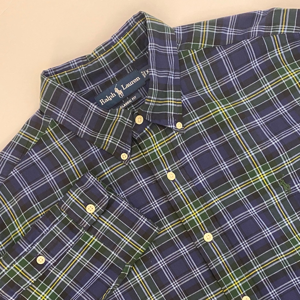 Ralph Lauren Men's Green and Blue Checkered Shirt